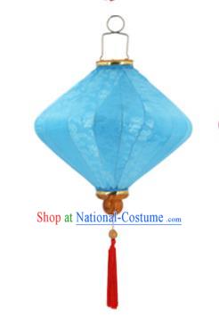 Chinese Traditional Blue Silk Palace Lanterns Handmade Hanging Lantern New Year Classical Diamond Lamp