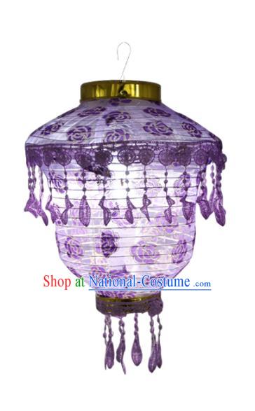 Chinese Traditional Printing Rose Purple Cloth Palace Lanterns Handmade Hanging Lantern Classical Festive New Year Lace Lamp