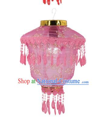 Chinese Traditional Printing Rose Pink Cloth Palace Lanterns Handmade Hanging Lantern Classical Festive New Year Lace Lamp