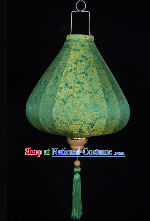 Chinese Traditional Lucky Pattern Green Silk Palace Lanterns Handmade Hanging Lantern Classical Festive New Year Tulip Lamp