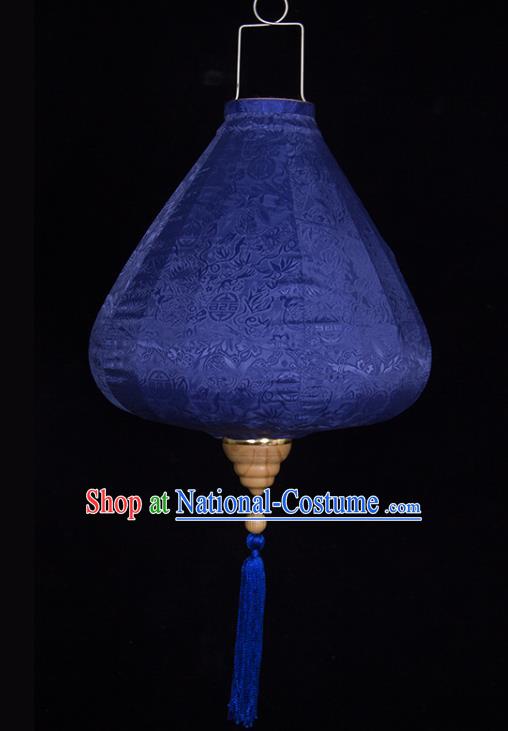 Chinese Traditional Lucky Pattern Deep Blue Silk Palace Lanterns Handmade Hanging Lantern Classical Festive New Year Tulip Lamp