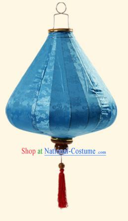 Chinese Traditional Lucky Pattern Blue Silk Palace Lanterns Handmade Hanging Lantern Classical Festive New Year Tulip Lamp