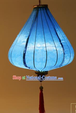 Chinese Traditional Lucky Pattern Blue Silk Palace Lanterns Handmade Hanging Lantern Classical Festive New Year Tulip Lamp