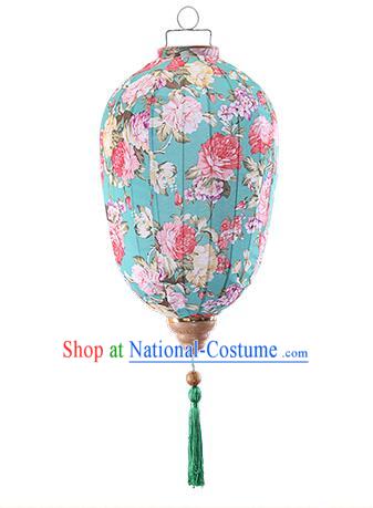 Chinese Traditional Printing Peony Light Blue Palace Lanterns Handmade Hanging Lantern Classical Festive New Year Lamp