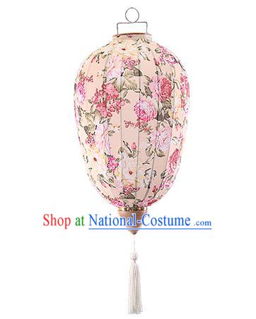 Chinese Traditional Printing Peony Beige Palace Lanterns Handmade Hanging Lantern Classical Festive New Year Lamp