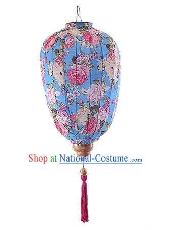 Chinese Traditional Printing Peony Blue Palace Lanterns Handmade Hanging Lantern Classical Festive New Year Lamp