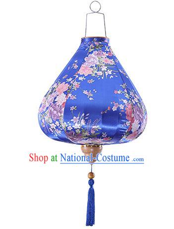 Chinese Traditional Printing Daffodil Deep Blue Palace Lanterns Handmade Hanging Lantern Classical Festive New Year Satin Lamp