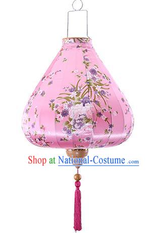 Chinese Traditional Printing Daffodil Pink Palace Lanterns Handmade Hanging Lantern Classical Festive New Year Satin Lamp