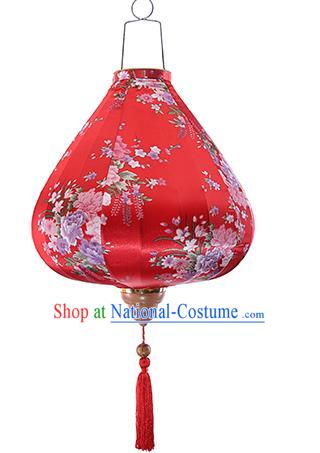 Chinese Traditional Printing Daffodil Red Palace Lanterns Handmade Hanging Lantern Classical Festive New Year Satin Lamp