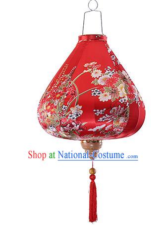 Chinese Traditional Printing Daffodil Red Palace Lanterns Handmade Hanging Lantern Classical Festive New Year Satin Lamp