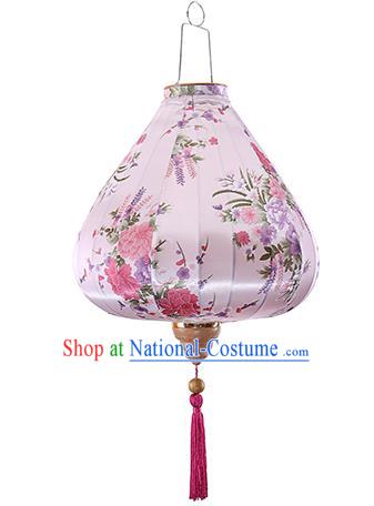 Chinese Traditional Printing Daffodil Beige Palace Lanterns Handmade Hanging Lantern Classical Festive New Year Satin Lamp