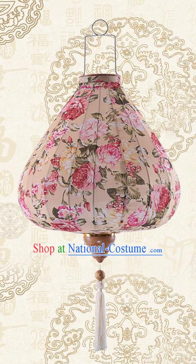 Chinese Traditional Printing Roses Beige Palace Lanterns Handmade Hanging Lantern Classical Festive New Year Satin Lamp