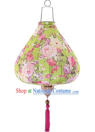 Chinese Traditional Printing Roses Light Green Palace Lanterns Handmade Hanging Lantern Classical Festive New Year Satin Lamp