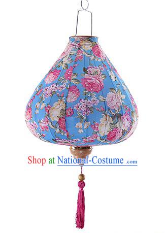 Chinese Traditional Printing Roses Blue Palace Lanterns Handmade Hanging Lantern Classical Festive New Year Satin Lamp