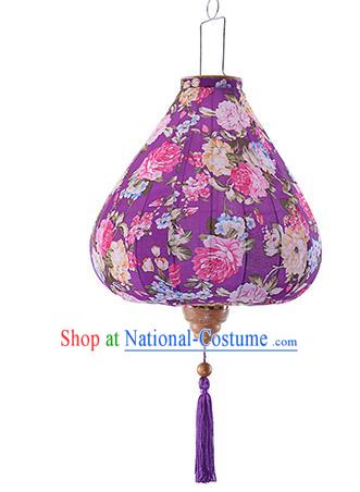 Chinese Traditional Printing Roses Purple Palace Lanterns Handmade Hanging Lantern Classical Festive New Year Satin Lamp