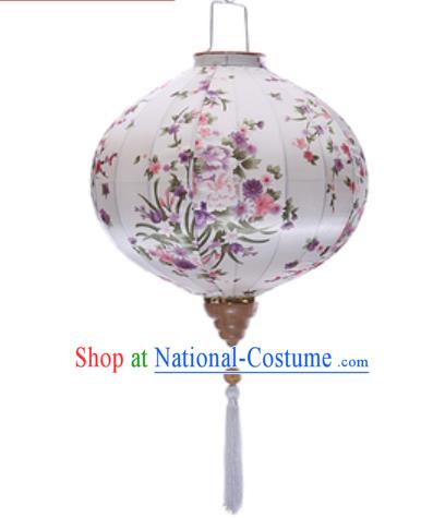 Chinese Handmade Printing Flowers White Satin Palace Lanterns Traditional New Year Hanging Lantern Classical Mid Autumn Festival Lamp