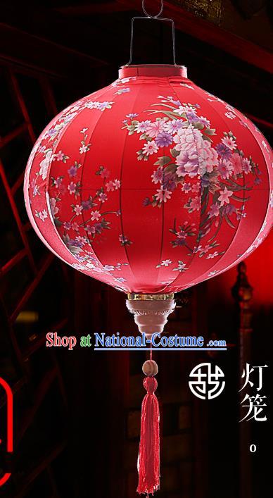 Chinese Handmade Printing Flowers Red Satin Palace Lanterns Traditional New Year Hanging Lantern Classical Mid Autumn Festival Lamp