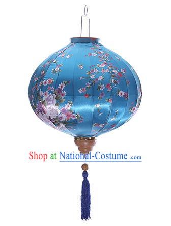 Chinese Handmade Printing Sakura Blue Satin Palace Lanterns Traditional New Year Lantern Classical Mid Autumn Festival Lamp