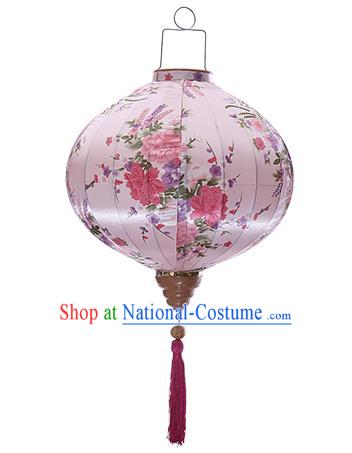 Chinese Handmade Printing Peony Plum Pink Satin Palace Lanterns Traditional New Year Lantern Classical Mid Autumn Festival Lamp