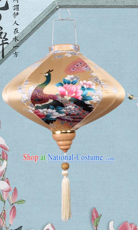 Handmade Chinese Printing Peacock Yellow Palace Lanterns Traditional New Year Lantern Classical Festival Satin Lamp