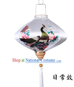 Handmade Chinese Printing Peacock White Palace Lanterns Traditional New Year Lantern Classical Festival Satin Lamp