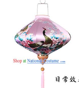 Handmade Chinese Printing Peacock Pink Satin Palace Lanterns Traditional New Year Lantern Classical Festival Silk Lamp