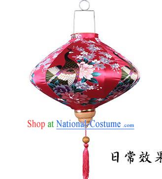 Handmade Chinese Printing Peacock Red Satin Palace Lanterns Traditional New Year Lantern Classical Festival Silk Lamp