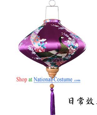 Handmade Chinese Printing Peacock Purple Satin Palace Lanterns Traditional New Year Lantern Classical Festival Silk Lamp