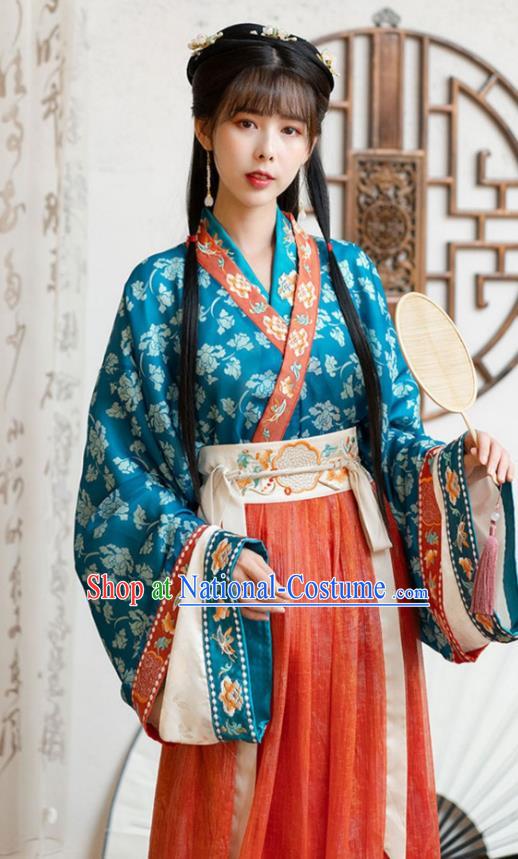 Chinese Ancient Jin Dynasty Palace Princess Historical Costumes Traditional Hanfu Apparels Blue Blouse and Red Skirt