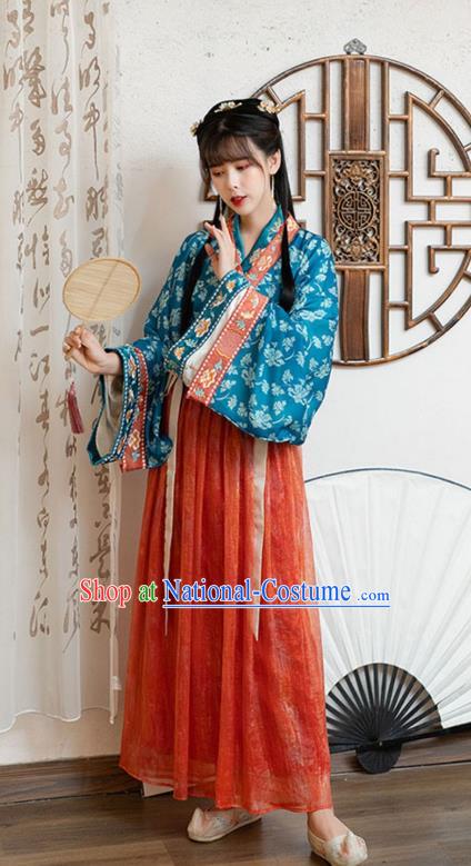 Chinese Ancient Jin Dynasty Palace Princess Historical Costumes Traditional Hanfu Apparels Blue Blouse and Red Skirt