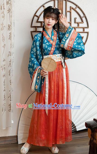 Chinese Ancient Jin Dynasty Palace Princess Historical Costumes Traditional Hanfu Apparels Blue Blouse and Red Skirt