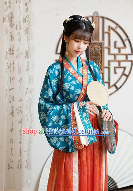 Chinese Ancient Jin Dynasty Palace Princess Historical Costumes Traditional Hanfu Apparels Blue Blouse and Red Skirt