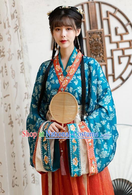 Chinese Ancient Jin Dynasty Palace Princess Historical Costumes Traditional Hanfu Apparels Blue Blouse and Red Skirt