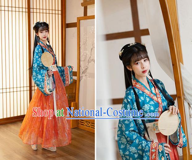 Chinese Ancient Jin Dynasty Palace Princess Historical Costumes Traditional Hanfu Apparels Blue Blouse and Red Skirt