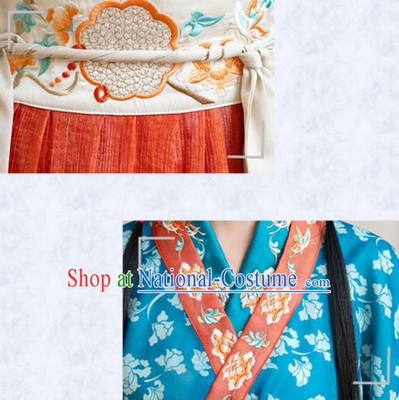 Chinese Ancient Jin Dynasty Palace Princess Historical Costumes Traditional Hanfu Apparels Blue Blouse and Red Skirt