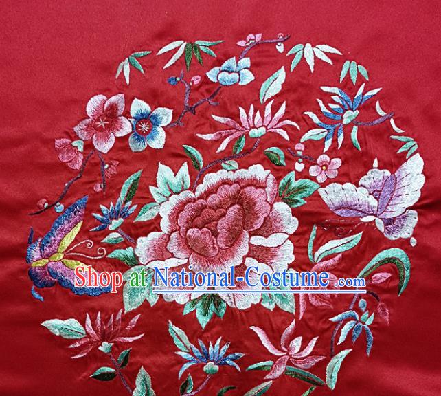 Traditional Chinese Embroidered Peony Butterfly Fabric Hand Embroidering Dress Round Applique Embroidery Red Silk Patches Accessories