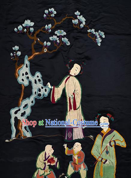 Traditional Chinese Embroidered Decorative Painting Hand Embroidery Female Children Black Silk Picture