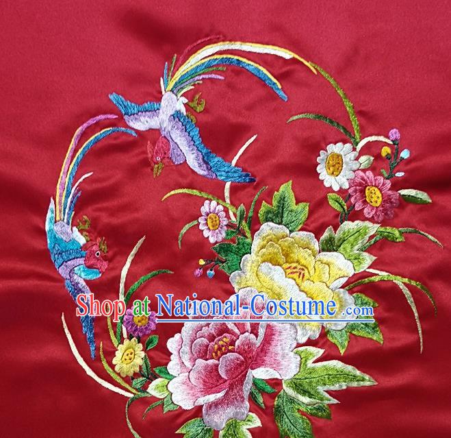 Traditional Chinese Embroidered Peony Birds Fabric Hand Embroidering Dress Round Applique Embroidery Red Silk Patches Accessories