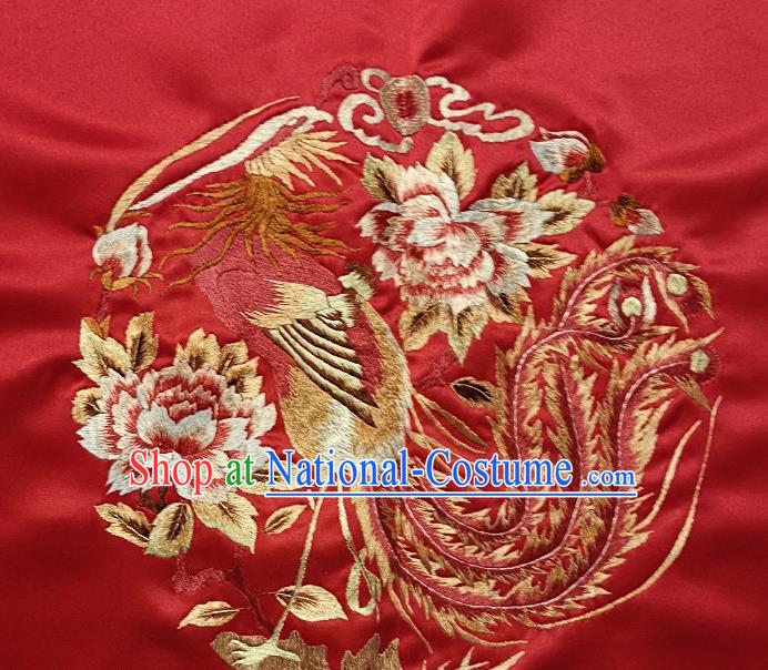 Traditional Chinese Embroidered Peony Phoenix Fabric Hand Embroidering Dress Round Applique Embroidery Red Silk Patches Accessories