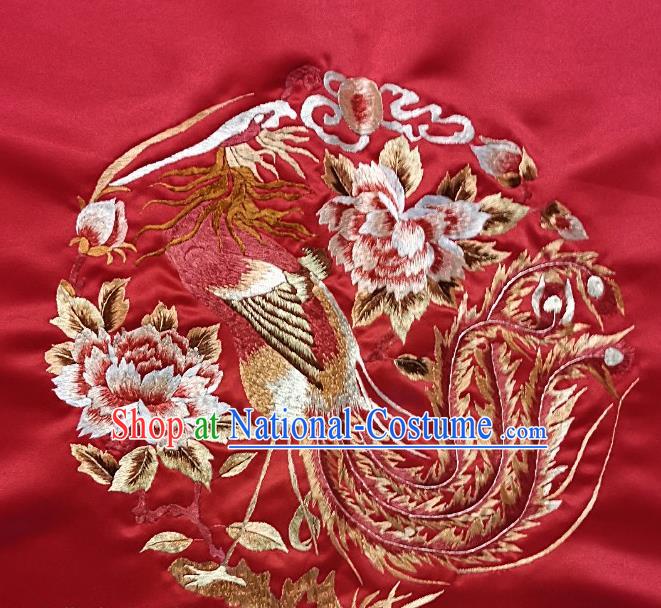 Traditional Chinese Embroidered Peony Phoenix Fabric Hand Embroidering Dress Round Applique Embroidery Red Silk Patches Accessories