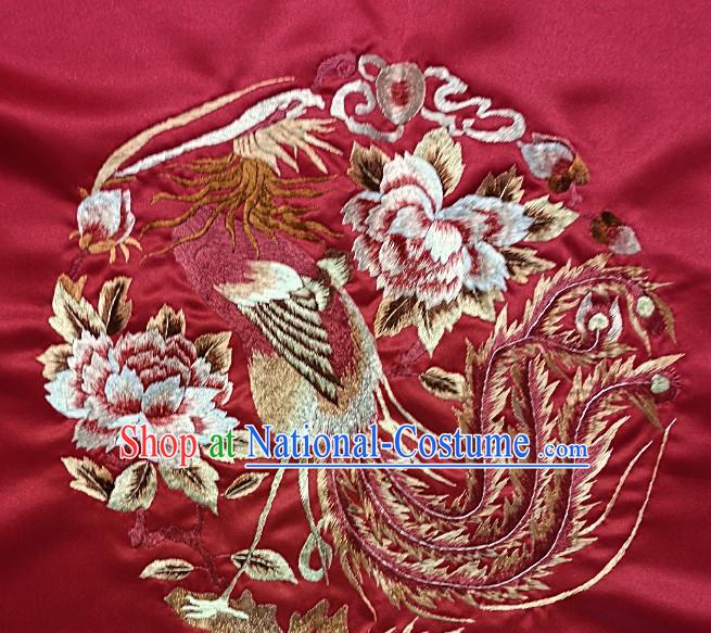 Traditional Chinese Embroidered Peony Phoenix Fabric Hand Embroidering Dress Round Applique Embroidery Wine Red Silk Patches Accessories