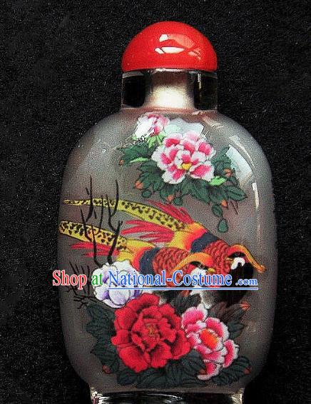 Chinese Handmade Snuff Bottle Traditional Inside Painting Golden Pheasant Peony Snuff Bottles Artware