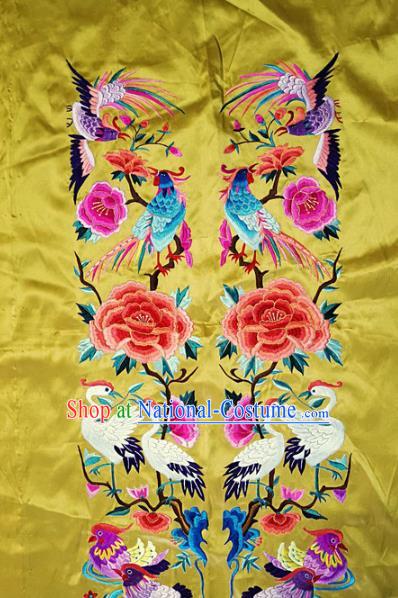 Traditional Chinese Embroidered Cranes Peony Decorative Painting Hand Embroidery Birds Yellow Silk Picture