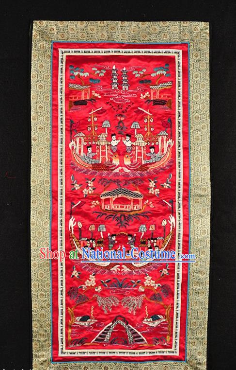 Traditional Chinese Embroidered Dragon Boat Race Decorative Painting Hand Embroidery Red Silk Picture Craft