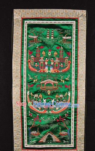 Traditional Chinese Embroidered Dragon Boat Race Decorative Painting Hand Embroidery Green Silk Picture Craft