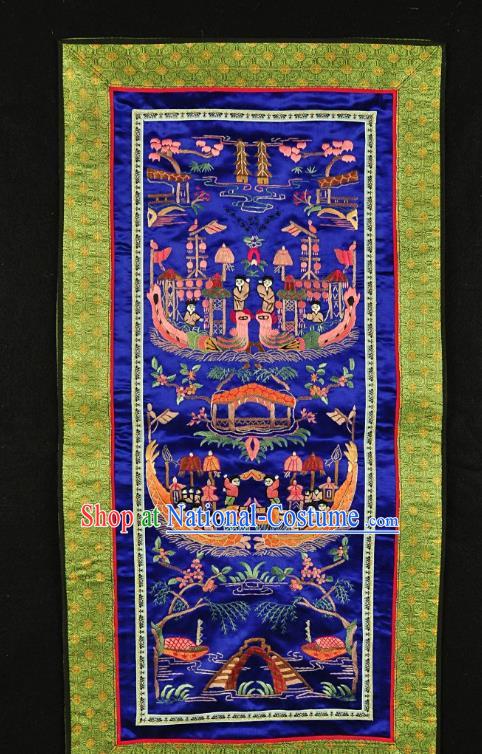 Traditional Chinese Embroidered Dragon Boat Race Decorative Painting Hand Embroidery Royalblue Silk Picture Craft