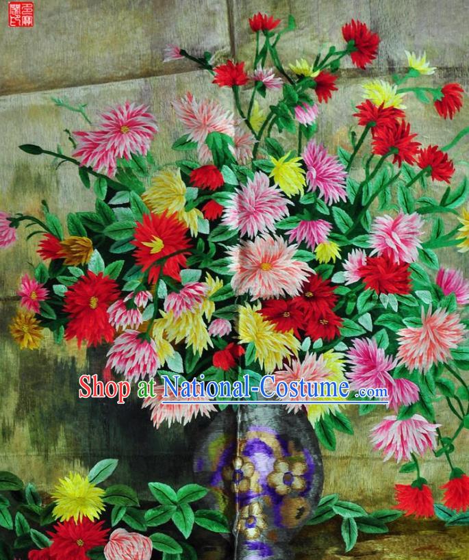 Traditional Chinese Embroidered Flowers Vase Decorative Painting Hand Full Embroidery Silk Wall Picture Craft