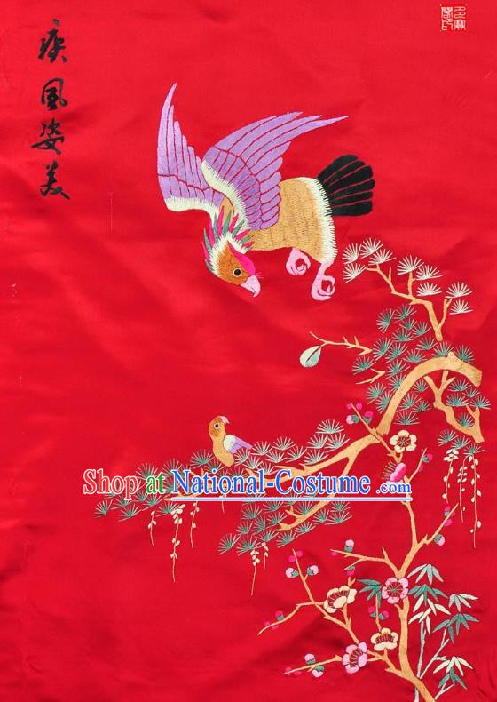 Traditional Chinese Embroidered Pine Eagle Decorative Painting Hand Su Embroidery Red Silk Wall Picture Craft