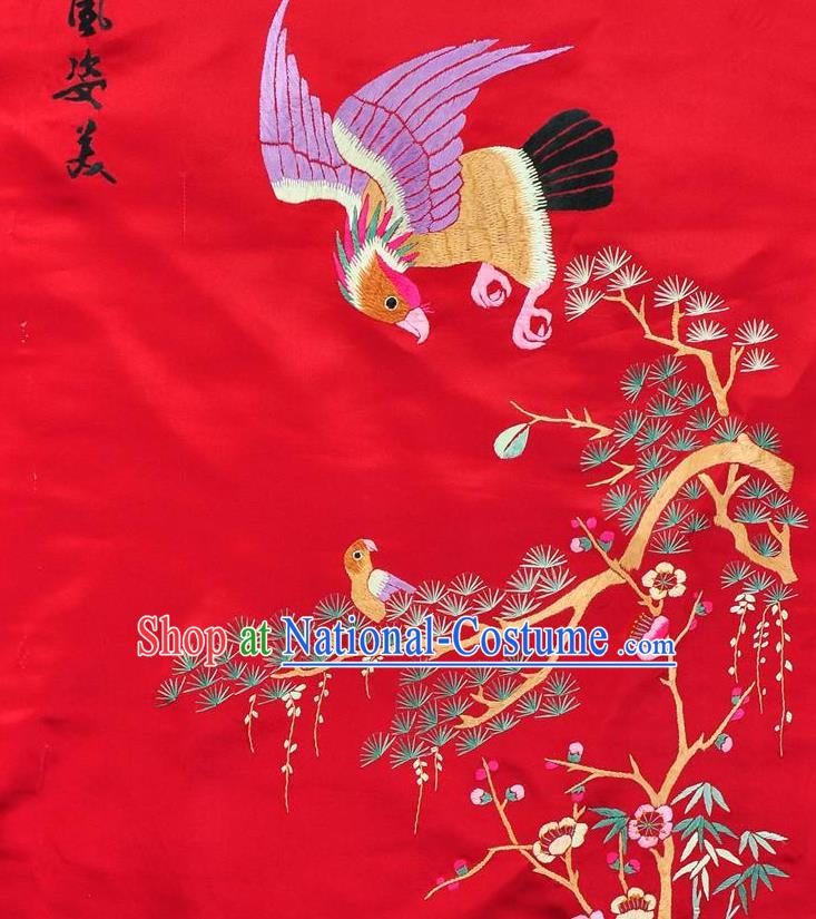 Traditional Chinese Embroidered Pine Eagle Decorative Painting Hand Su Embroidery Red Silk Wall Picture Craft