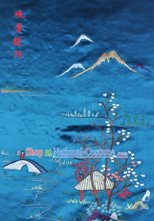 Traditional Chinese Embroidered Landscape Decorative Painting Hand Embroidery Blue Silk Picture Craft